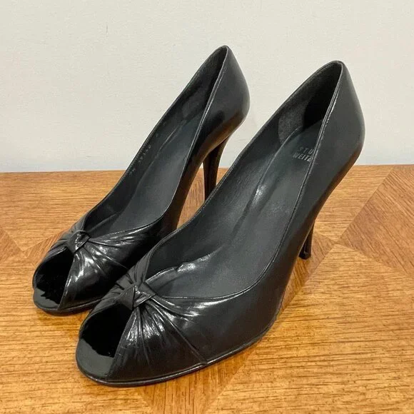 Stuart Weitzman Rita Pump 8M Black Leather High Heels Peep Toes Knot Shoes - Picture 3 of 14